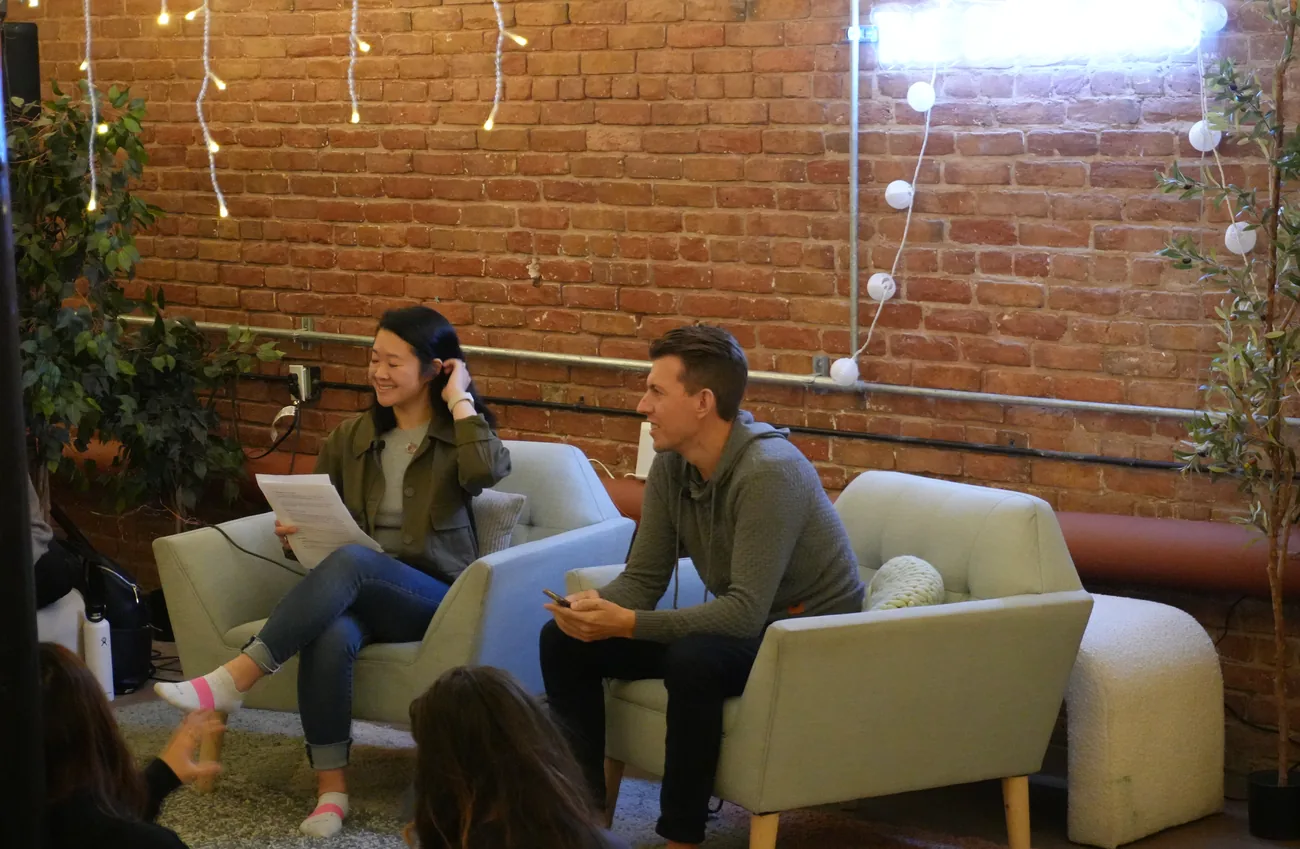 Paul in conversation in armchairs at the Good Work launch in San Francisco