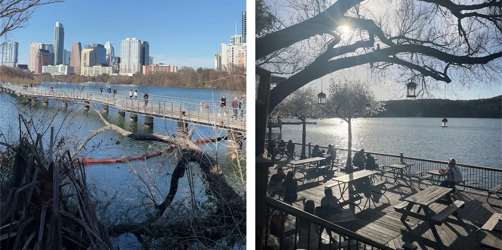 Austin: a lakeside boardwalk below downtown towers, and a shaded wooden deck with picnic tables on the water