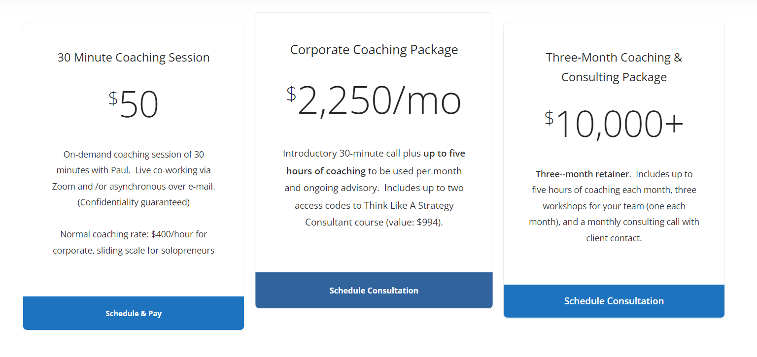 Three coaching packages: a 30-minute coaching session for $50, a corporate coaching package at $2,250 a month, and a three-month coaching and consulting package from $10,000