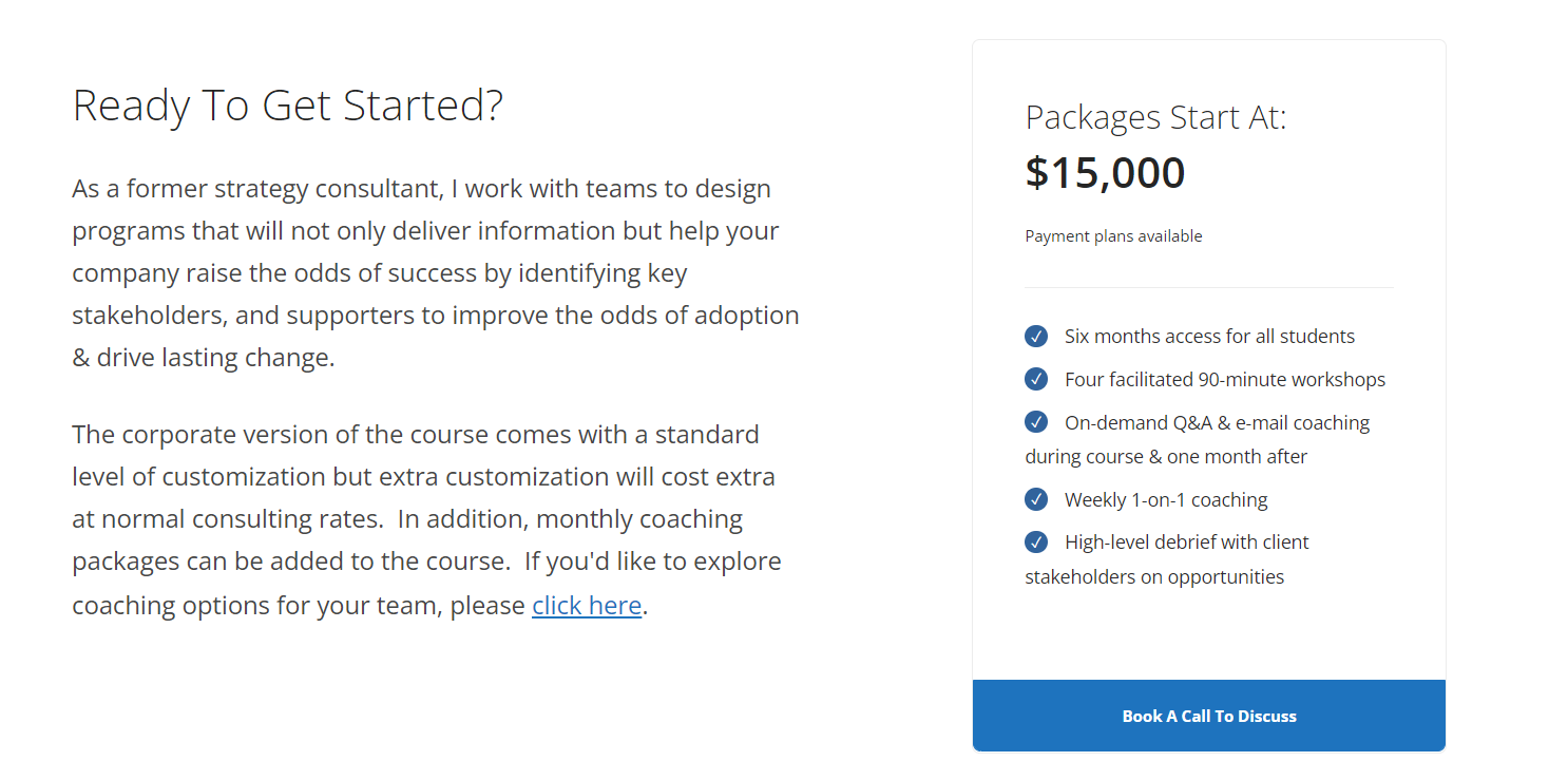 Corporate workshop offer, Ready To Get Started?: packages start at $15,000, with six months of course access, four facilitated 90-minute workshops, weekly 1-on-1 coaching and a debrief with client stakeholders