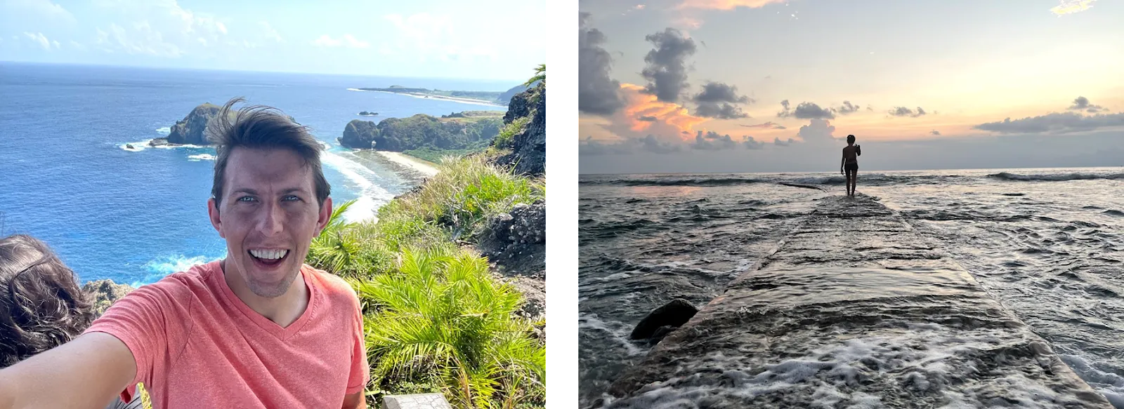 Green Island: a grinning selfie above blue sea cliffs, and a lone figure on a sea walkway at sunset