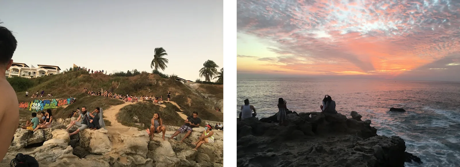 Mirador de Tortugas, Puerto Escondido: a crowd on the rocks and grassy hillside waiting for sunset, and people on dark seaside rocks under a pink sky