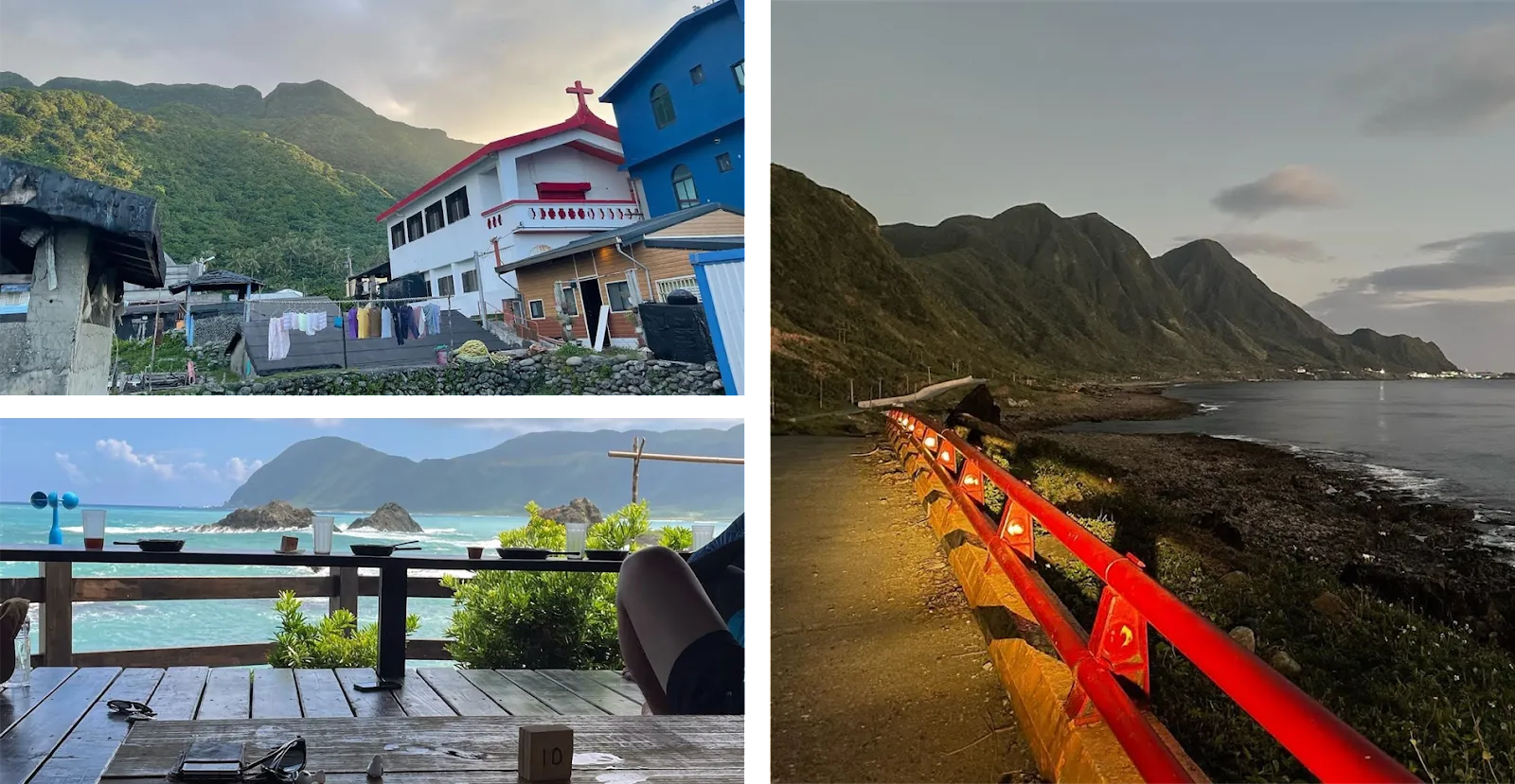 Orchid Island: a church and colorful houses below green peaks, a seaside deck, and a red-railed coastal road at dusk