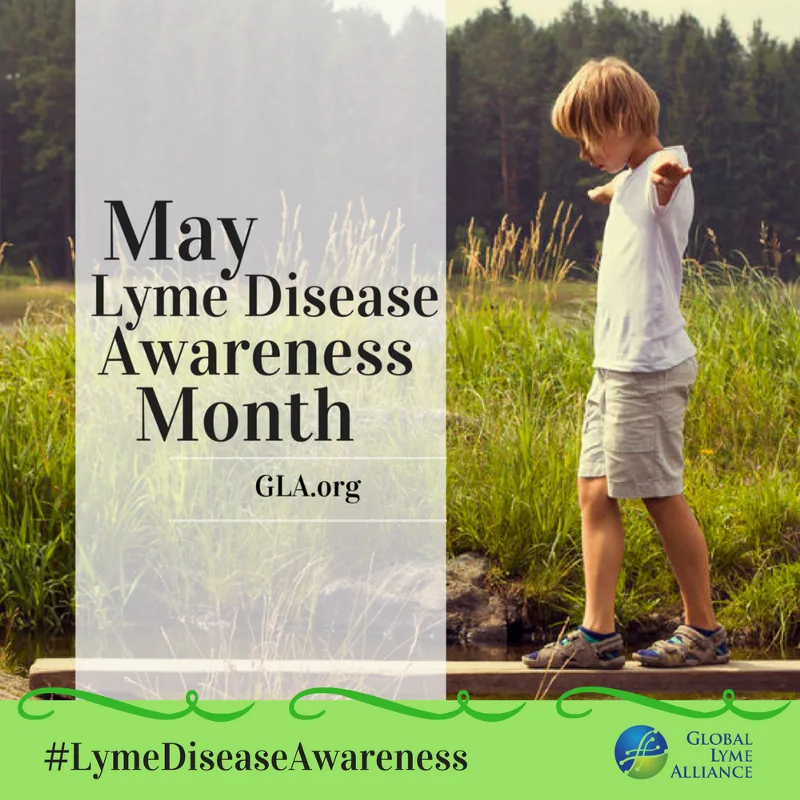 Global Lyme Alliance graphic for Lyme Disease Awareness Month in May: a boy balancing on a plank beside a lake