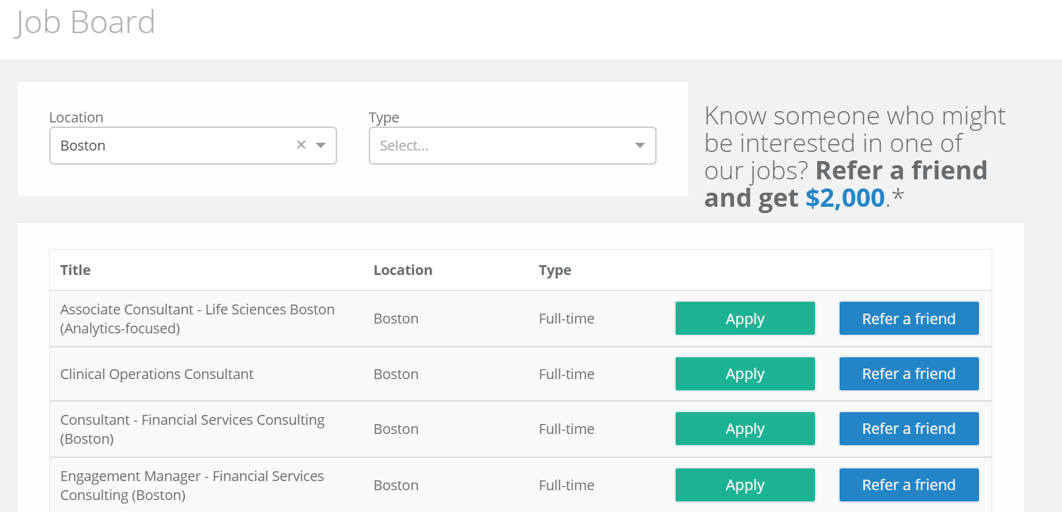 Screenshot of Talent Response's job board filtered to Boston: full-time roles such as associate consultant, clinical operations consultant and engagement manager