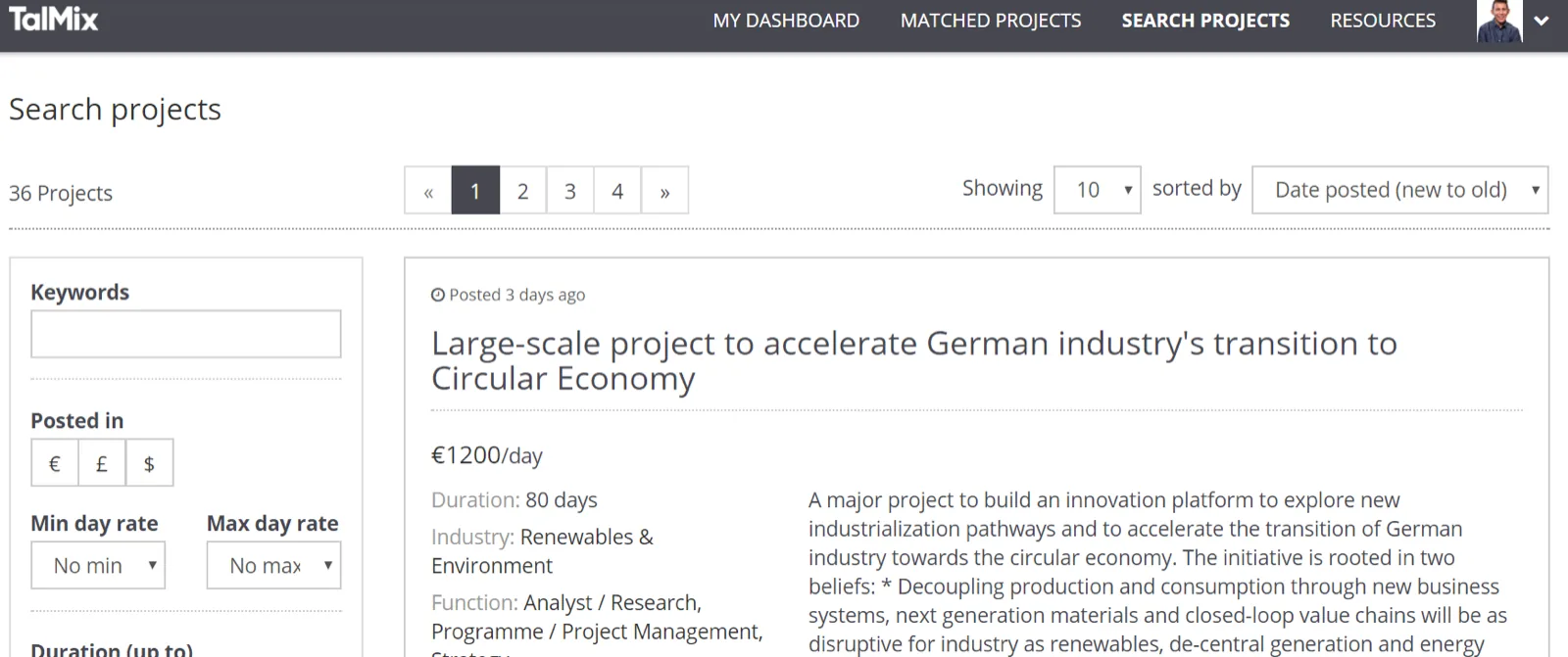 Screenshot of TalMix's project search: 36 projects, led by an 80-day, €1,200-a-day project to move German industry toward a circular economy