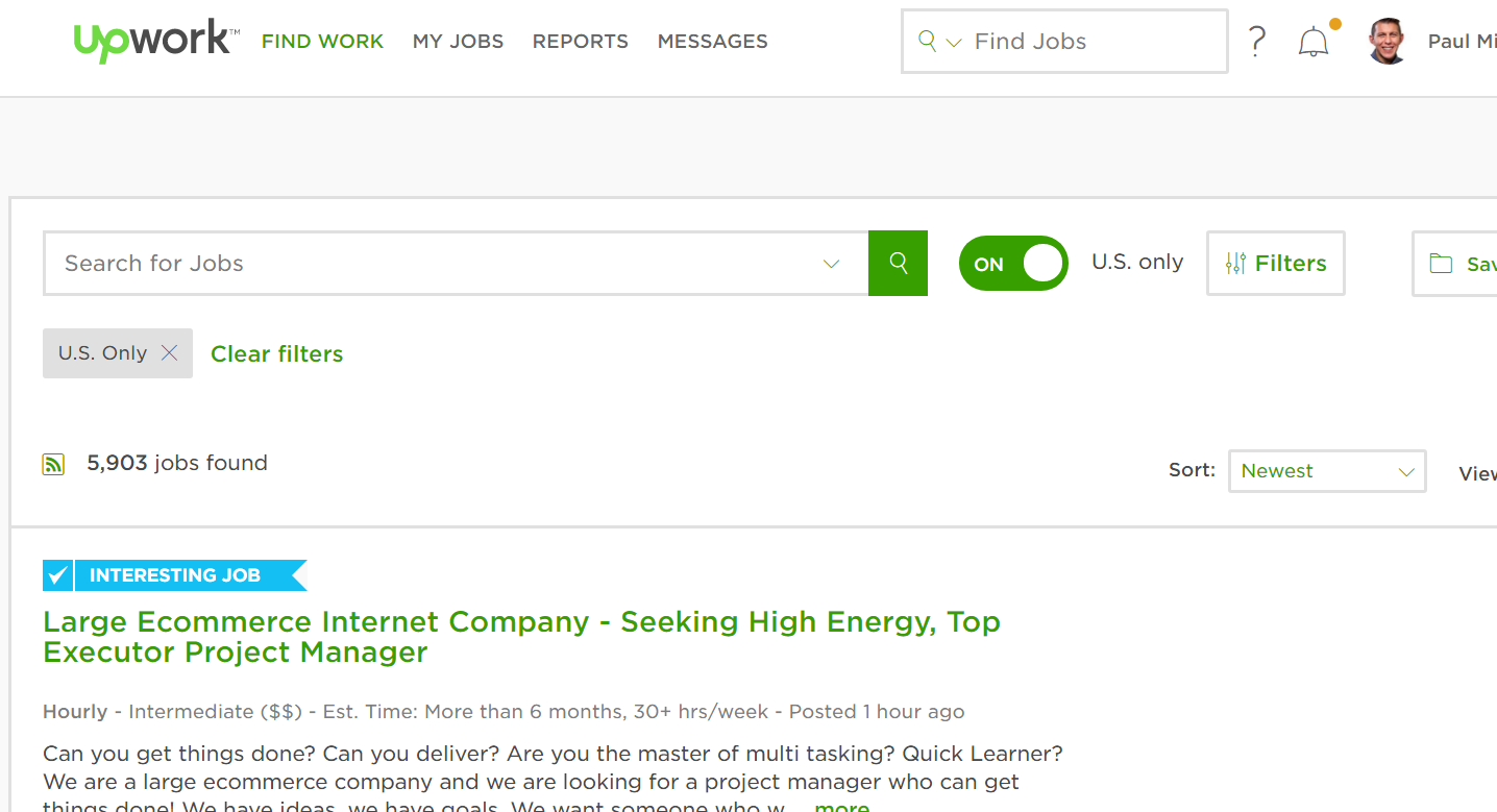 Screenshot of Upwork's job search: 5,903 U.S. jobs, led by a large e-commerce company seeking a project manager