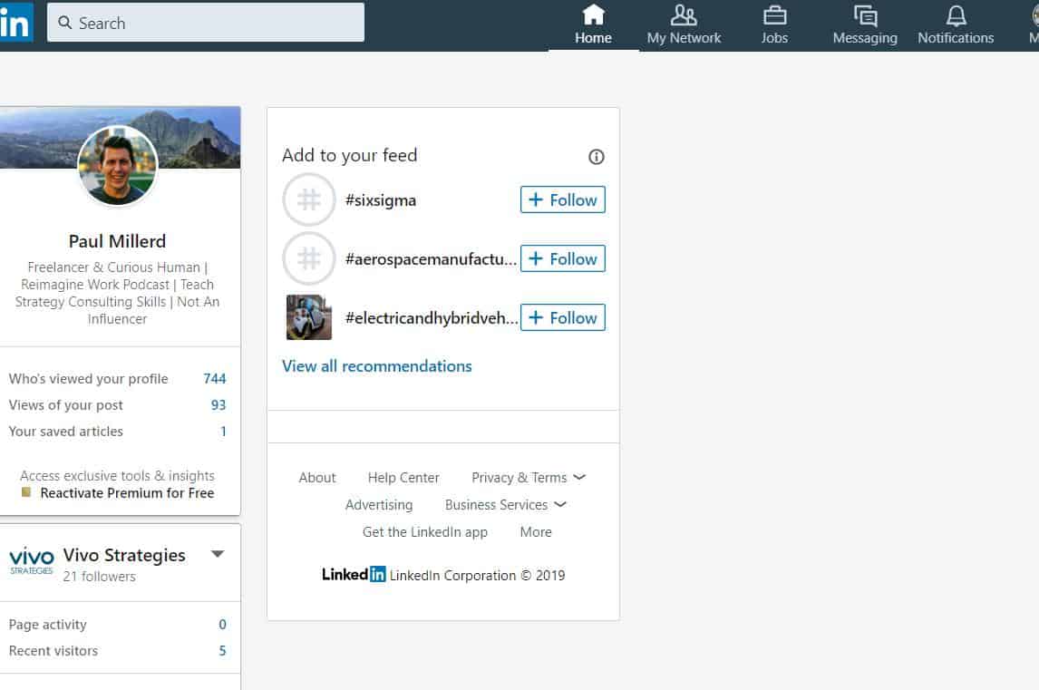 Paul's LinkedIn home page with the feed hidden, showing only his profile card and suggestions to follow
