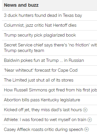 A 2017 news sidebar, News and buzz: a dozen headlines, from three duck hunters found dead in a Texas bay to Casey Affleck roasting a critic