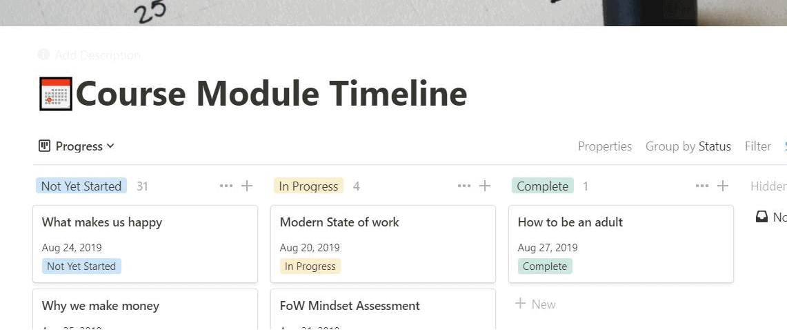 Notion board, Course Module Timeline: 31 modules not yet started, 4 in progress and 1 complete