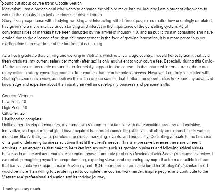 A financial aid application from a recent graduate in Vietnam explaining why they want to take the course, naming a low price of 10, a high price of 40 and a gift offer of 25