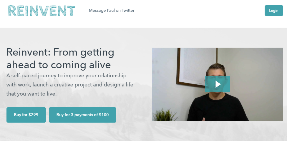 Course page, Reinvent: From getting ahead to coming alive, a self-paced journey priced at $299 or three payments of $100, with an intro video