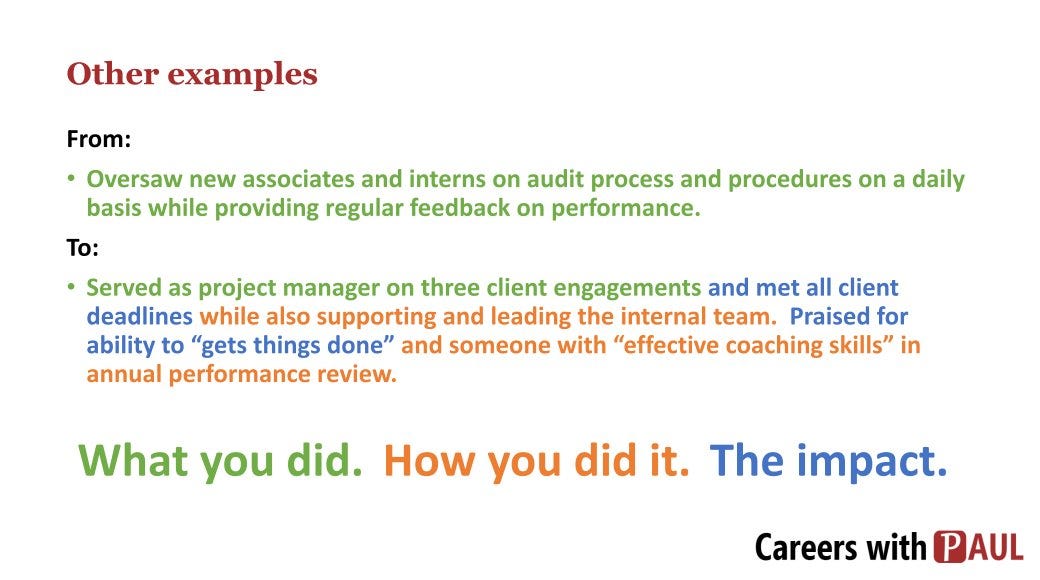 Course slide rewriting a resume bullet from a plain task into one color-coded by what you did, how you did it and the impact
