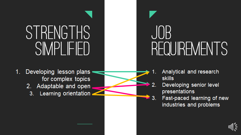 Course video slide mapping three simplified strengths to three job requirements with colored arrows