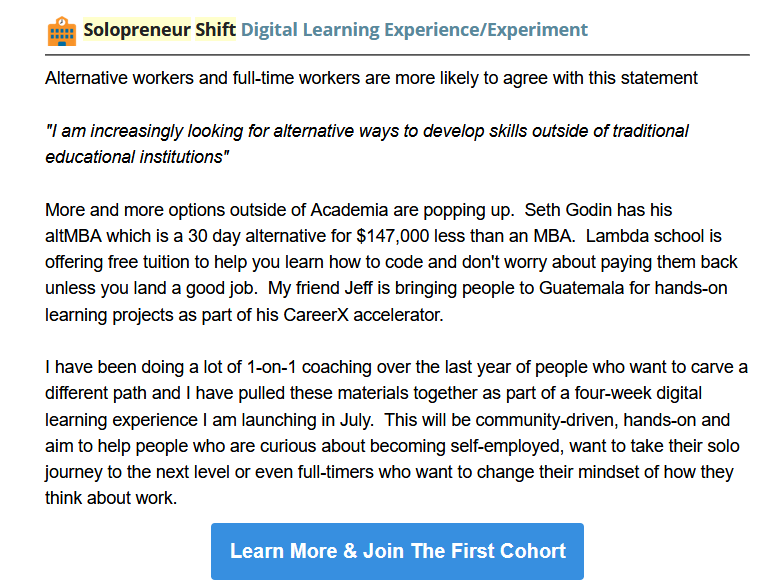 Newsletter announcement of the Solopreneur Shift, a four-week digital learning experience launching in July, with a Learn More & Join The First Cohort button