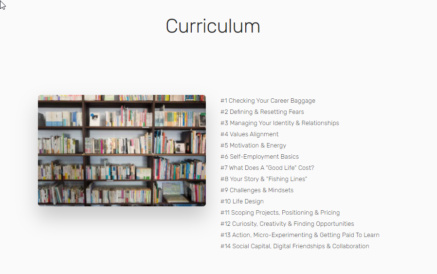 Course landing page curriculum: 14 sessions, from Checking Your Career Baggage and Defining & Resetting Fears to Social Capital, Digital Friendships & Collaboration