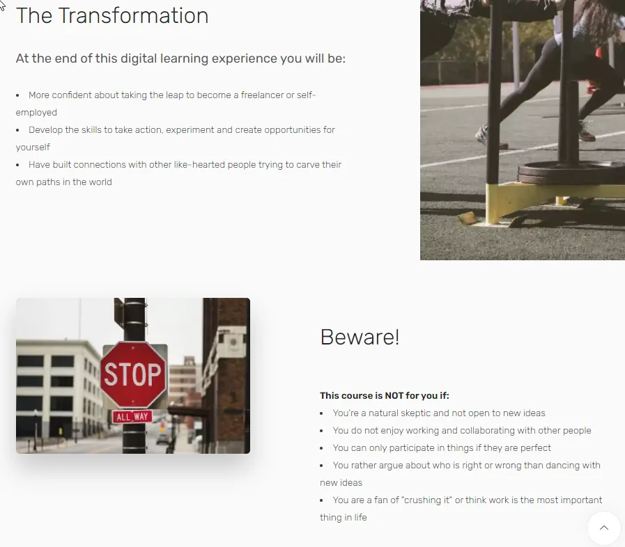 Course landing page sections: The Transformation, listing what students will gain, and Beware!, listing who the course is not for, beside a stop sign