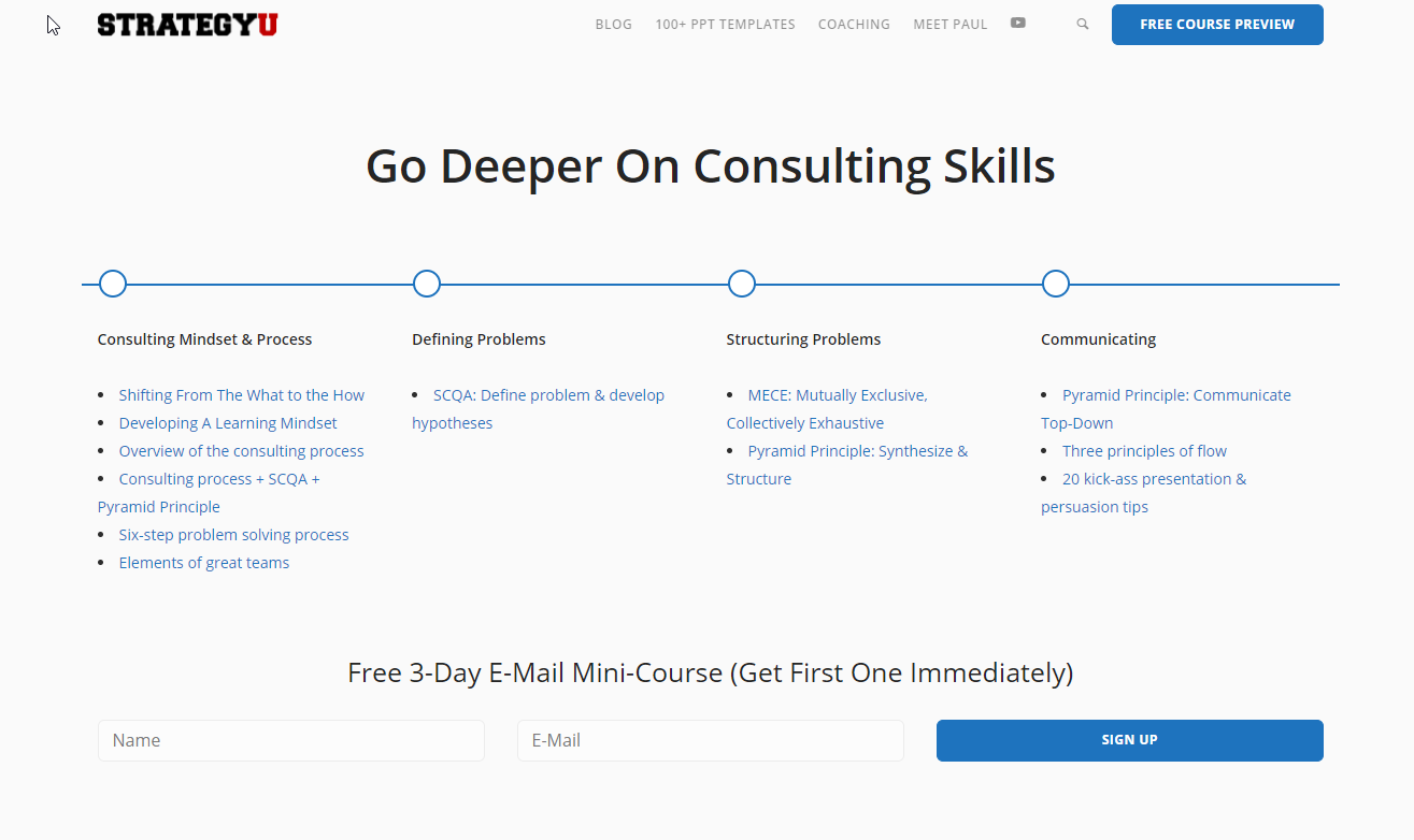 StrategyU page, Go Deeper On Consulting Skills: free lessons on consulting mindset, defining problems, structuring problems and communicating, above a sign-up for a free 3-day e-mail mini-course