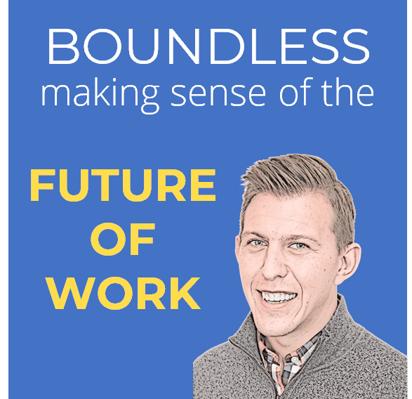 Cover art made in PowerPoint: Boundless, making sense of the future of work, with a photo of Paul