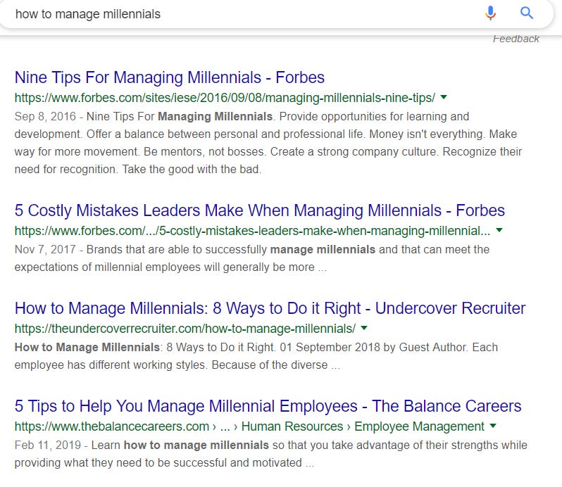 managing millennials google search result